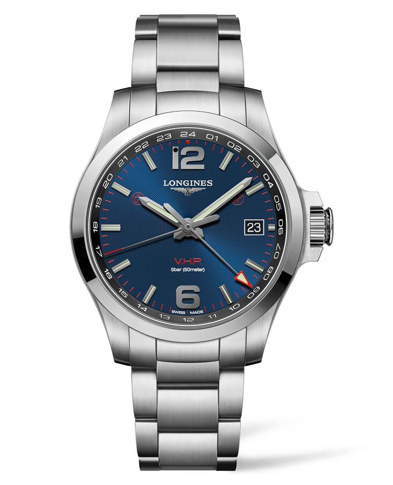 Longines Longines Conquest V.H.P. L3.718.4.96.6  L37184966 кварцевые мужские часы синий циферблат, браслет нержавеющая сталь — вид спереди